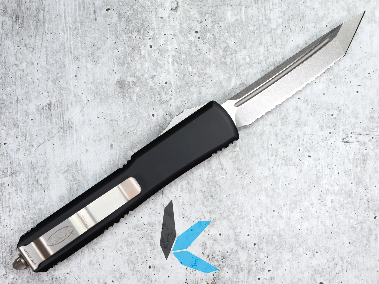 Microtech Ultratech T/E Stonewash Fully Serrated Automatic OTF Knife 123-12 - Image 2